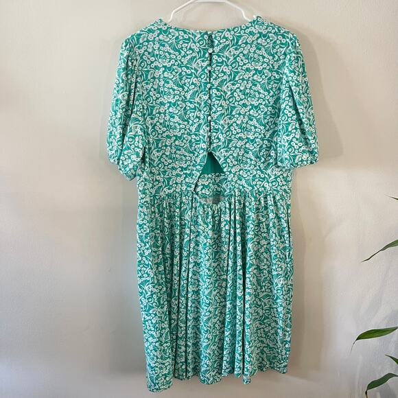 Boden Womens Back Cutout Cottagecore Dress 20L Green White Floral Melon Sleeves - Picture 2 of 10